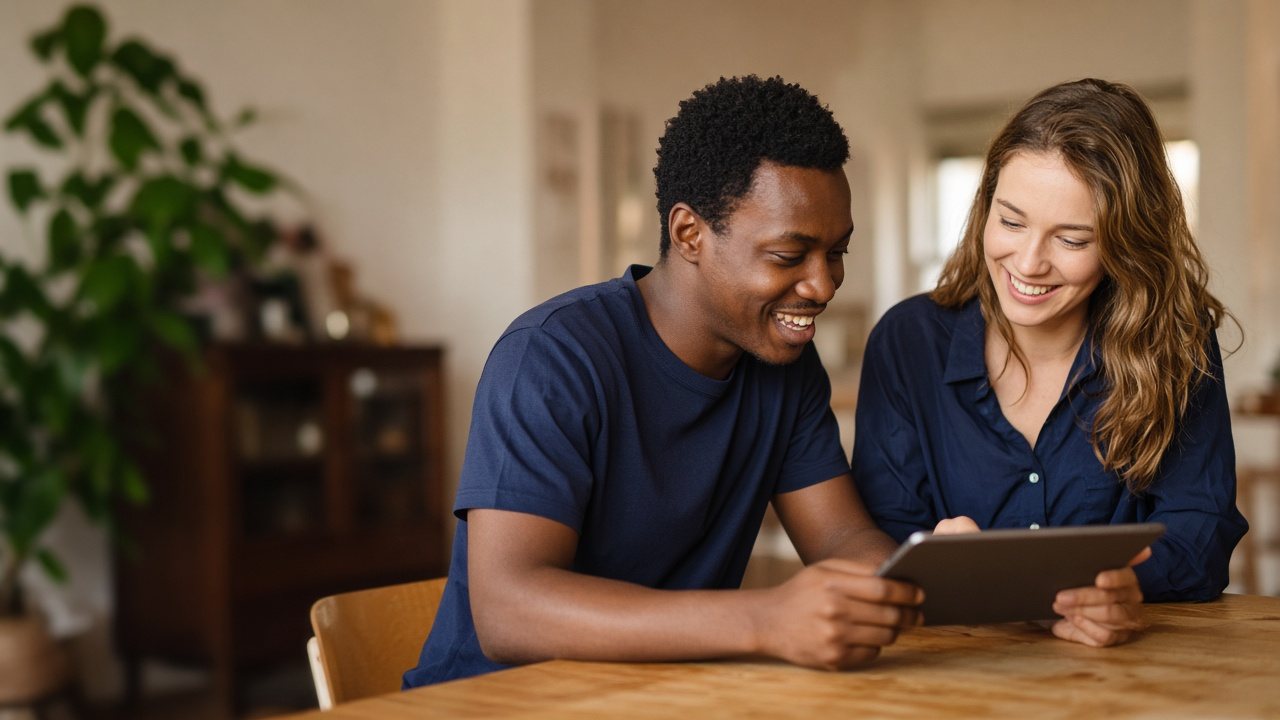Two people looking at a tablet together at the kitchen table