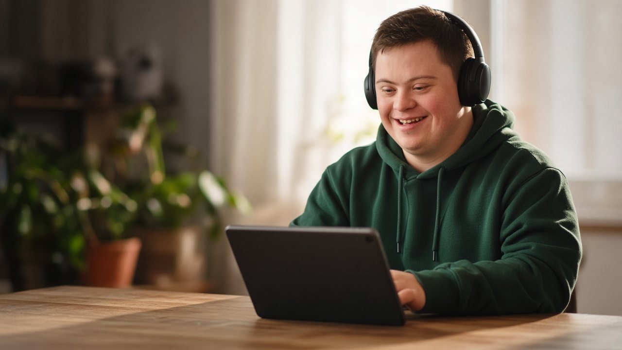 A young adult with headphones smiling at a tablet in a sunlit home