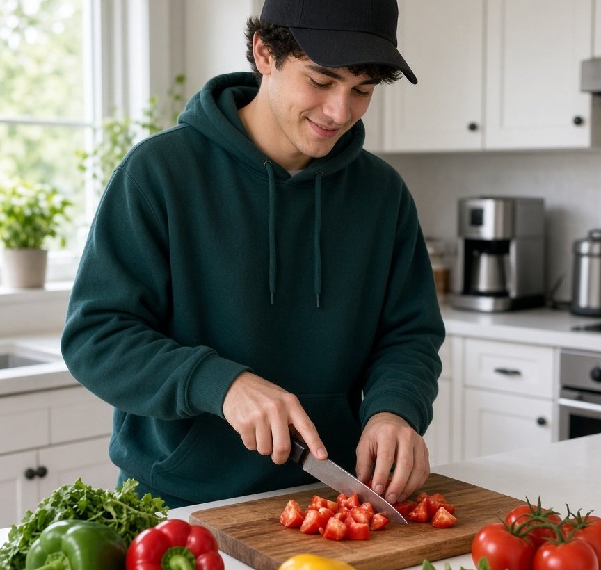 A resident preparing a meal in the bright kitchen
